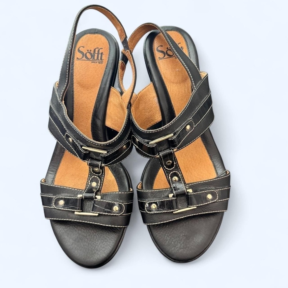 Sofft Black Leather Slingback Wedge Sandals Women's 9.5M Comfort Travel Office